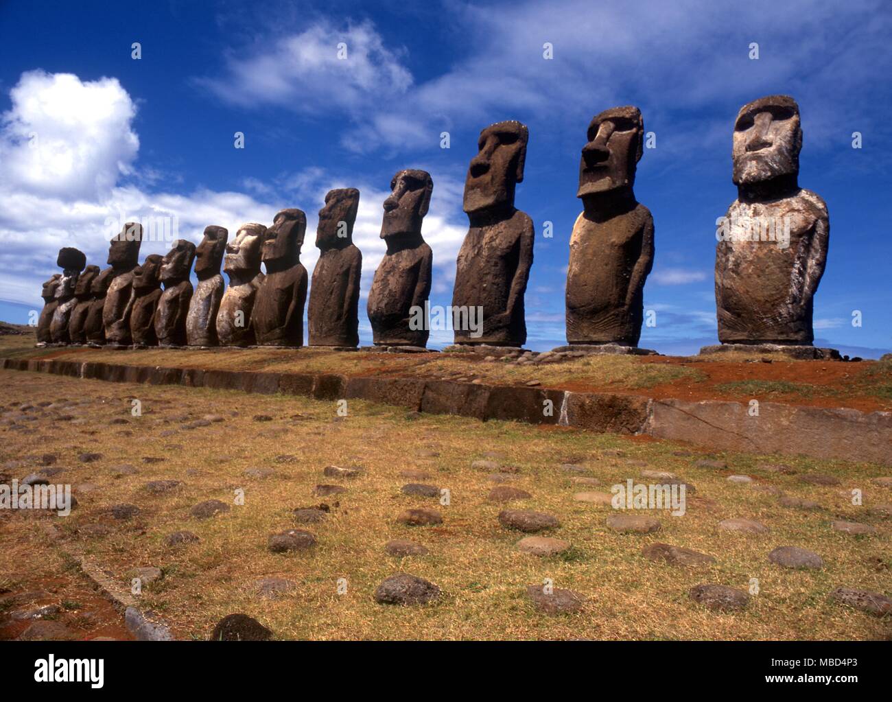 Easter Island The raised upright giant statues below the ancient