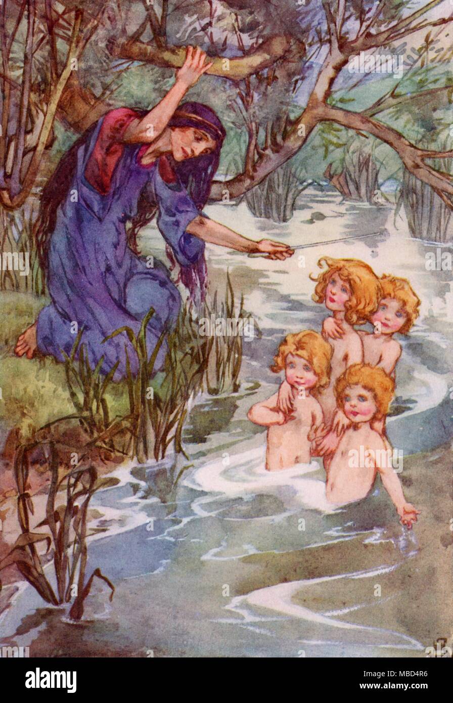 DRUIDS - RUNES Eva chanting runes, and waving the magical Druidic want, to bewitch the children of Lir. 'One touch for each, with a magical wand of the Druids' - Illustration by Helen Stratton, A Book of Myths (1915). Stock Photo