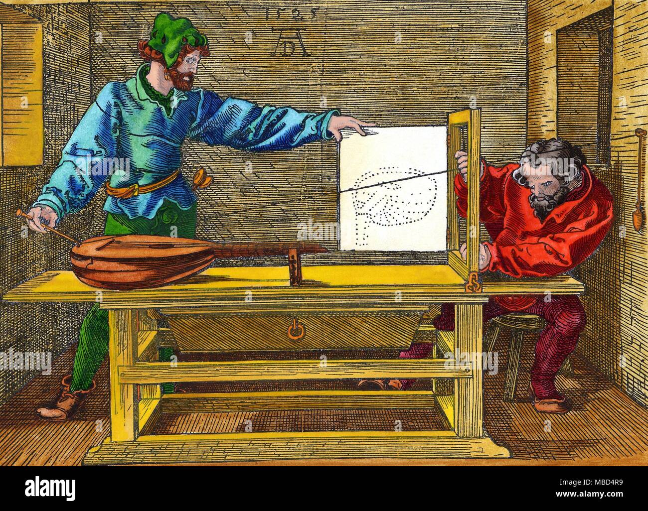 ESOTERIC ART - DURER Drawing machine, with two artists construction on a sheet the image of a lute, in perspective. Hand-coloured woodcut of 1525, by Albrecht Dürer. Stock Photo