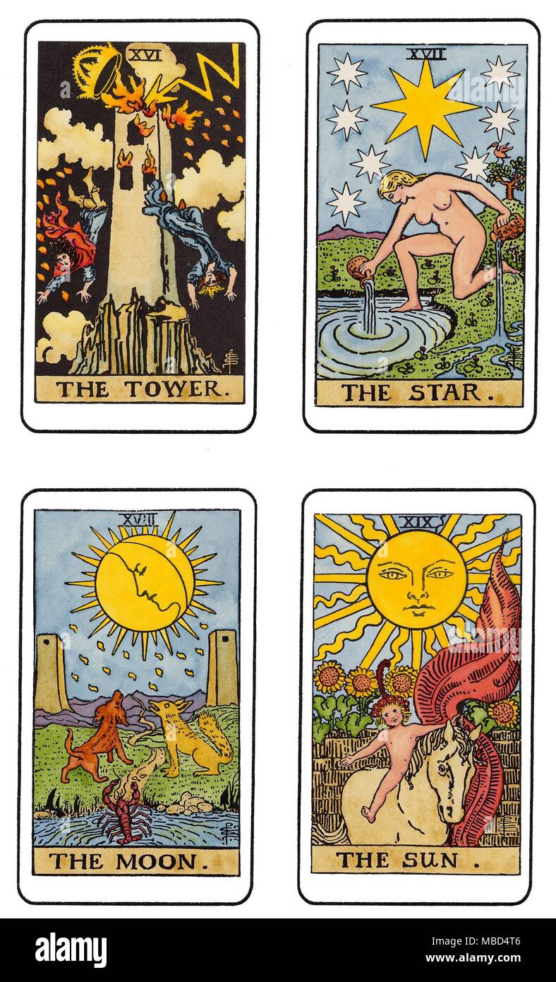 TAROT - 'RIDER WAITE' DECK OF PAMELA COLEMAN-SMITH Four cards, from the series of 22 cards in the Charles Walker Collection, of the so-called Rider Waite deck: The Tower, The Star, The Moon and The Sun. This particular deck, in the CW Collection, consists of a full set of hand-coloured card from the 1910 series designed by Pamela Coleman Smith, and claimed wrongly by Arthur Edward Waite to be 'his' design. Pamela Coleman Smith's abbreviated signature appears on each of the cards, which were used in the 1911 edition of, The Key to the Tarot, authored by Waite. The deck is wrongly called Stock Photo