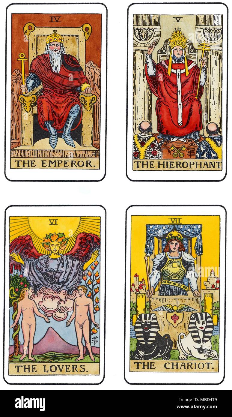 TAROT - 'RIDER WAITE' DECK OF PAMELA COLEMAN-SMITH Four cards, from the series of 22 cards in the Charles Walker Collection, of the so-called Rider Waite deck: The Emperor, The Hierophant, The Lovers and The Chariot. This particular deck, in the CW Collection, consists of a full set of hand-coloured card from the 1910 series designed by Pamela Coleman Smith, and claimed wrongly by Arthur Edward Waite to be 'his' design. Pamela Coleman Smith's abbreviated signature appears on each of the cards, which were used in the 1911 edition of, The Key to the Tarot, authored by Waite. The deck is w Stock Photo