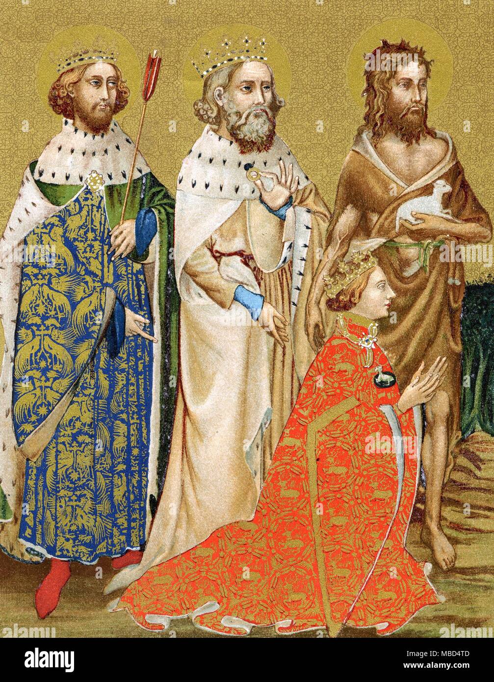 BRITISH HISTORY - RICHARD II OF ENGLAND - SAINTS The kneeling King Richard is backed by his patron saints. Arundel lithograph of the 19th century, based on the diptych in the National Gallery, London. Stock Photo