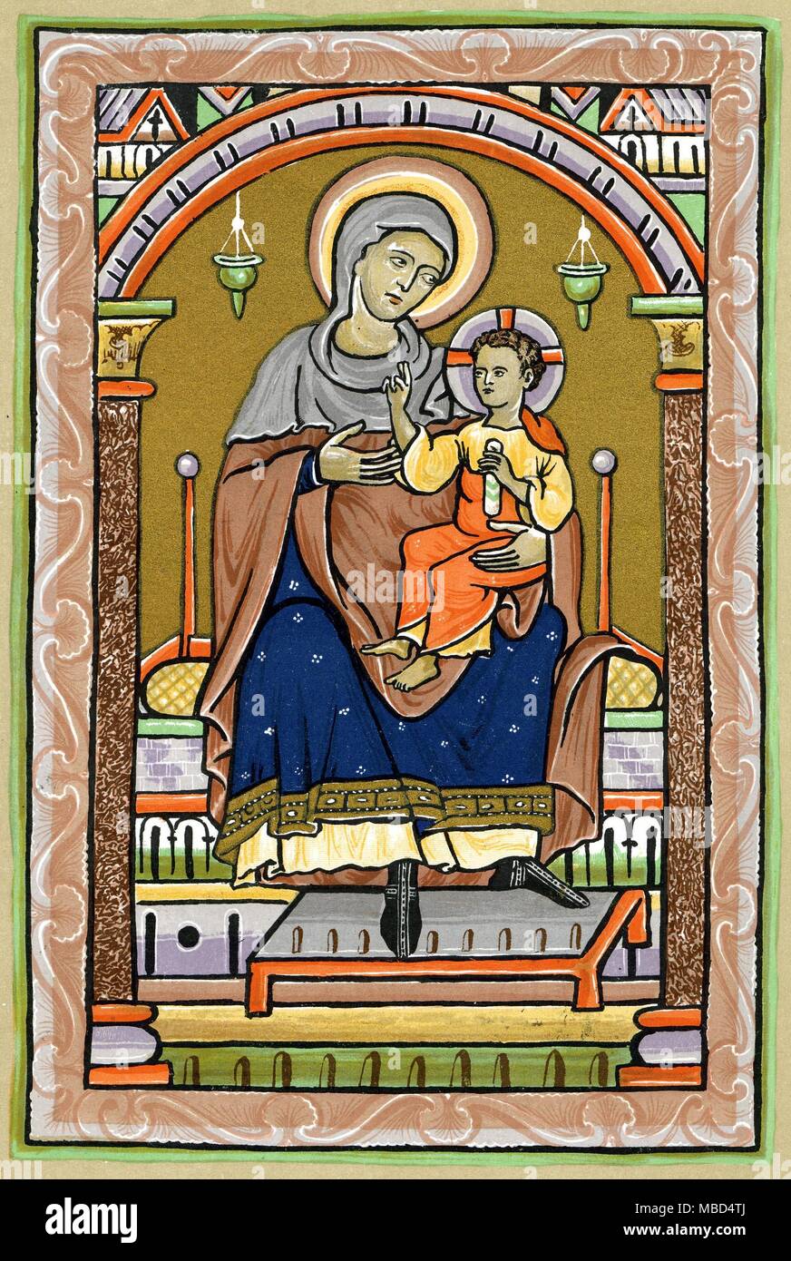 CHRISTIAN - VIRGIN AND CHILD Virgin with Child - 19th century lithograph based on the thirteenth century illuminated manuscript, Royal 2 A XXII. Stock Photo