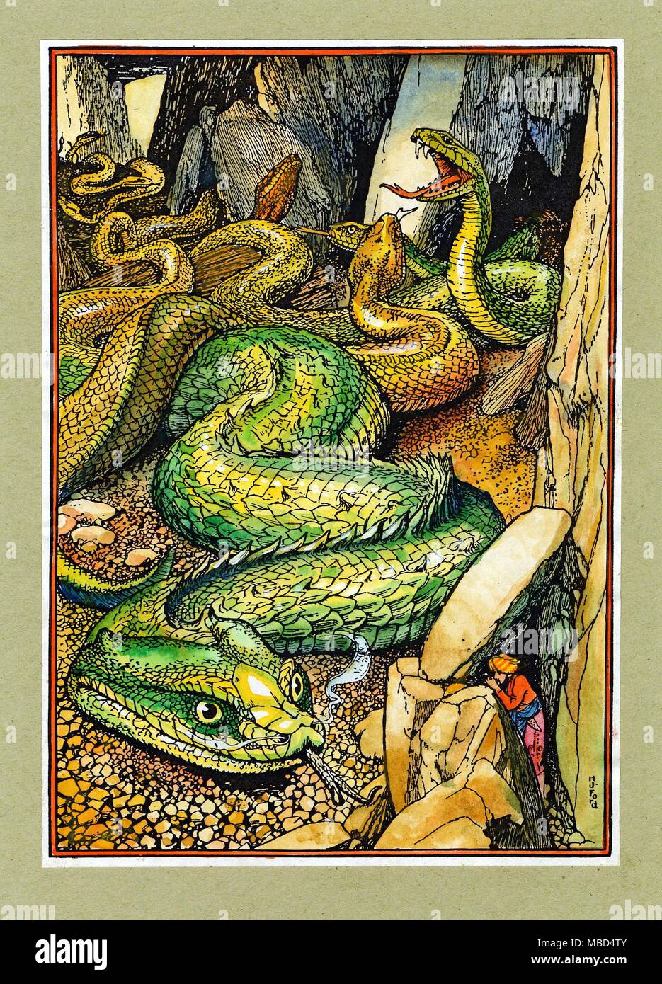 FAIRYTALES - MONSTERS - ALADDIN Aladdin in the Valley of the Serpents. Hand-coloured drawing by H. J. Ford, from the 1908 edition of Andrew Lang's The Arabian Nights Entertainments. Stock Photo