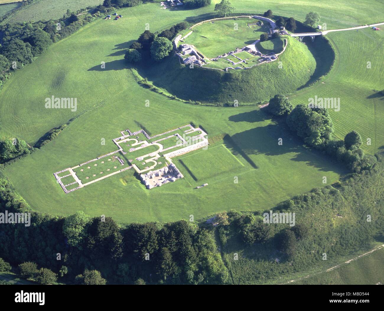 Old Sarum, Wiltshire. The mound of the Iron Age hill fort into which was built the original cathedral of Salisbury. The ground plan is clearly marked and it is said to be a centre for important leys. Stock Photo