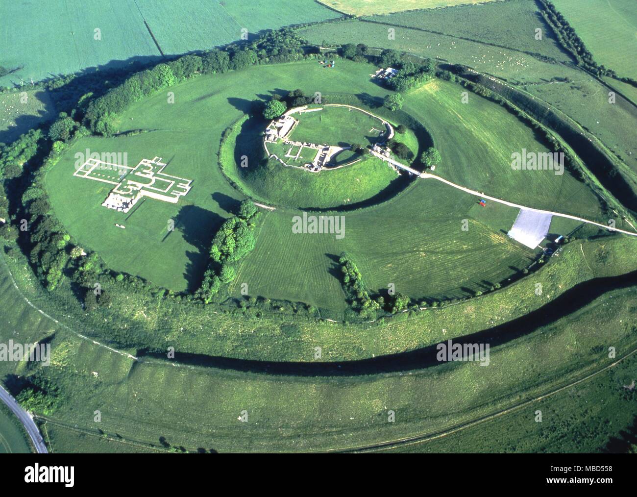 Old Sarum, Wiltshire. The mound of the Iron Age hill fort into which was built the original cathedral of Salisbury. The ground plan is clearly marked and it is said to be a centre for important leys. Stock Photo