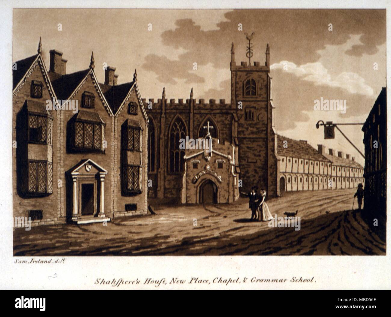 Shakespeare's house, New Place, the Chapel and Grammar School, Stratford-on-Avon. From Samuel Ireland 'Picturesque Views on the Upper or Warwickshire Avon...1795 Stock Photo
