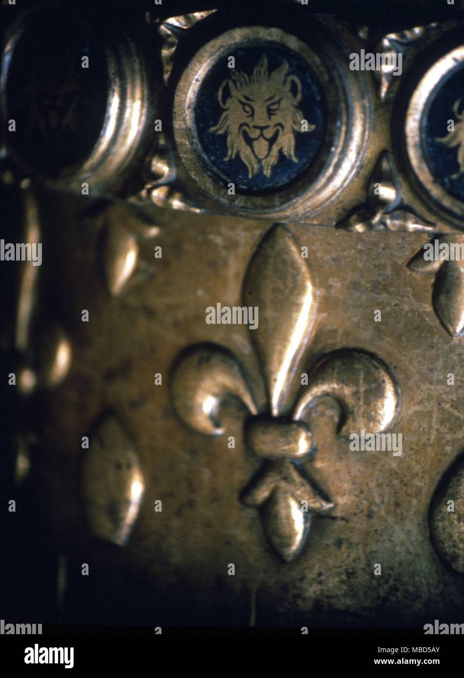 Symbols - Fleur-de-Lys. Fleur-de-Lys on the armour of the Black Prince effigy in Canterbury Cathedral. Stock Photo