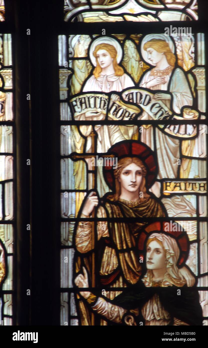 Symbols - Faith. Saint carrying a cross as a symbol of Faith. Stained glass window in St. Mary's Church, Godstone, Surrey Stock Photo