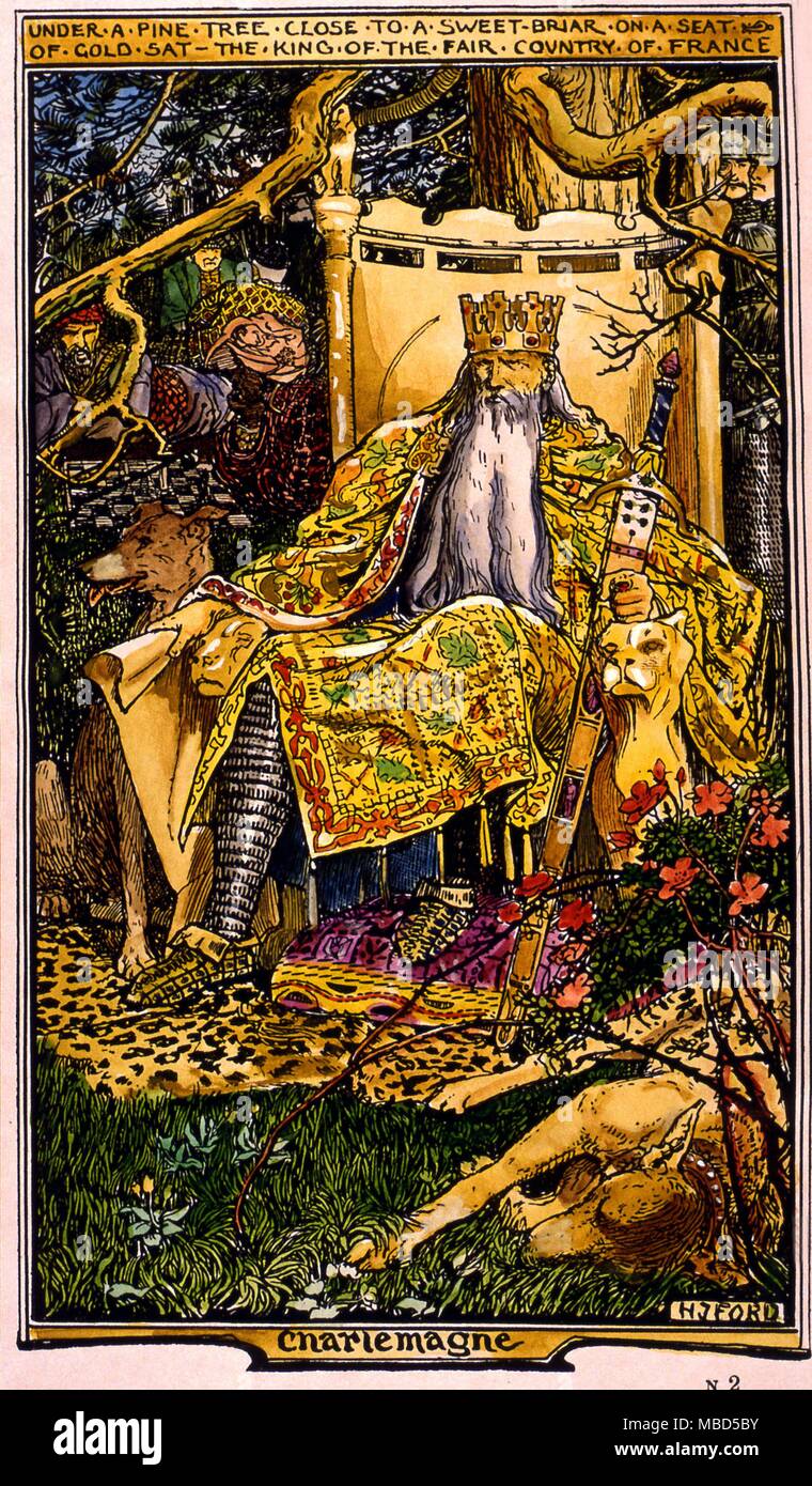 Teutonic Mythology. Charlemagne with his entourage. Illustration by Ford from Andrew Lang's 'The Book of Romance' 1902. Stock Photo