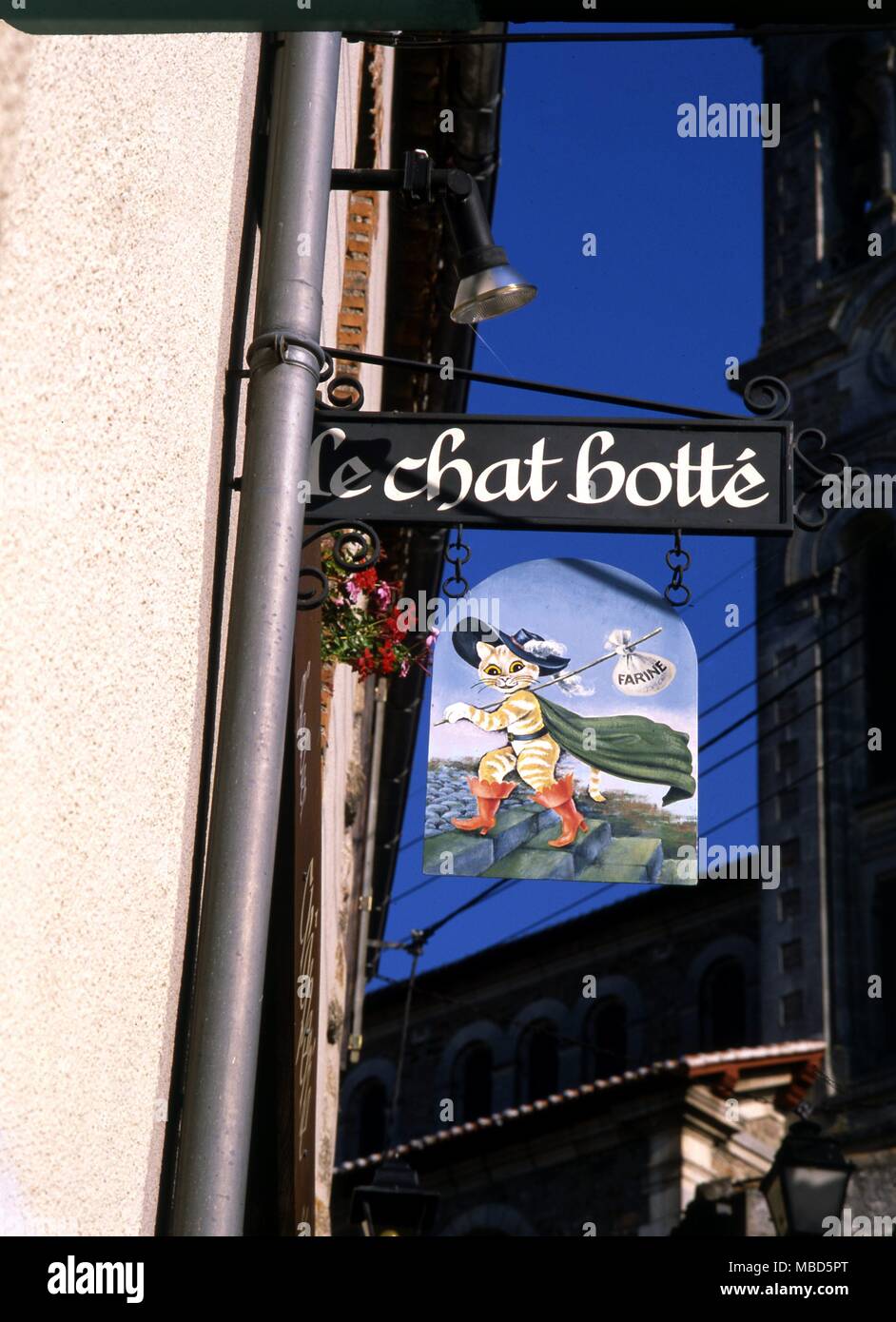 Cat Puss In Boots A restaurant sign in Ancenis France Stock Photo