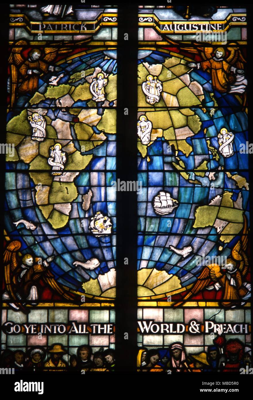London - St Mary-at-Lamberth stained glass map of the world in the Bishop  Moore memorial window, in the west of St. Mary-at-LAmberth. Modern design.  ©2006 Charles Walker Stock Photo - Alamy