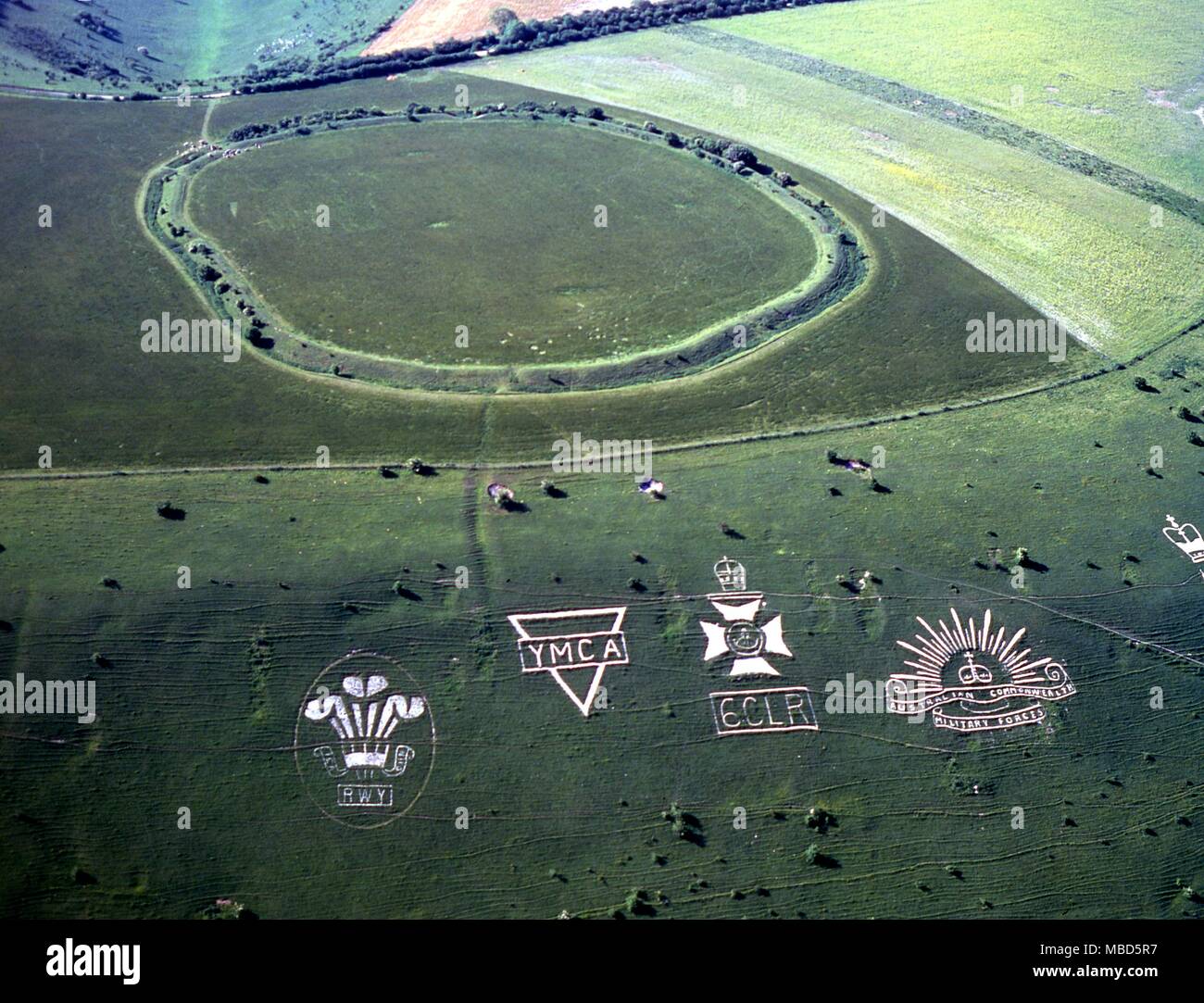 212 Chiselbury Camp (Fovant), England Regimental badges cut into escarpment of Ancient camp at Chiselbury. ©2006 Charles Walker / Stock Photo