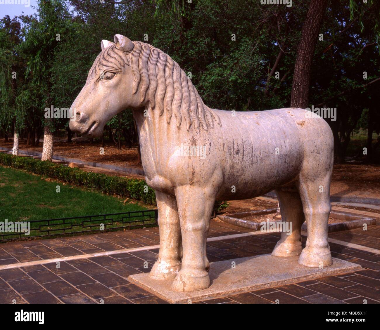 CHINA - HORSE AT MING TOMBS on the sacred way leading to the Ming Tombs, Bejing. Stock Photo