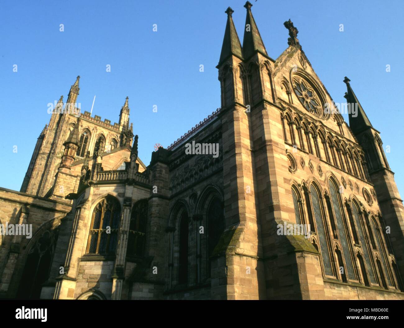 Hereford Cathedral - The cathedral of Hereford from the close, dedicated to SS Mary and Ethelbert, and was founded by King Offa of Mercia, in expiation of the killing of Ethelbert. Present tower, c. 1300 Stock Photo