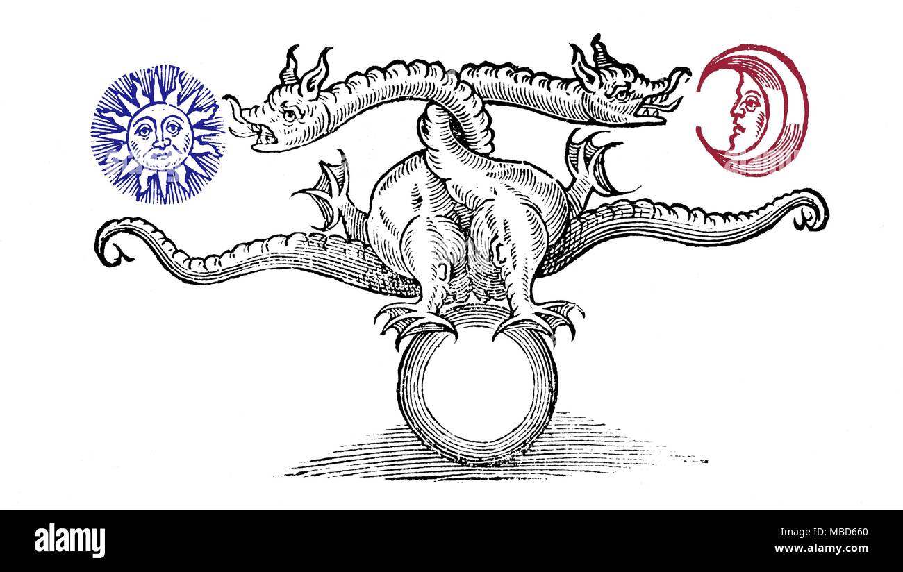 Image of the double dragon between Sun and Moon, standing on the earth, after Norton. This dragon is linked with lunar Nodes *** Local Caption *** Alchemical symbol representing the transmutation of base metal into silver and gold, 1652. Stock Photo