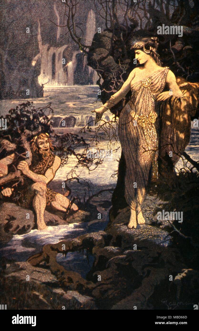 Babylonian Mythology Enkidu being tempted by Ishtar. From the Epic of Gilgamesh - Enkidu is being tempted in order to fight Gilgamesh. After a painting by Wallcousins in ' Myths of Babylonia ' by Mackenzie, 1923 Stock Photo