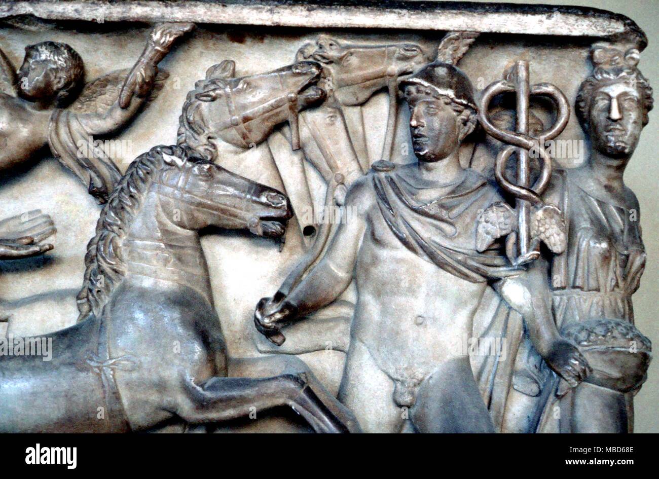 Mercury and his caduceus, as a psychopomp - from a 2nd century AD Roman sculptured tomb, now in the Uffizi, Florence. - © /Charles Walker Stock Photo