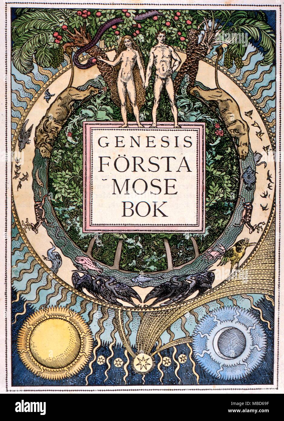 Animals, Animals of Eden - Adam and Eve with serpent and the Edenic animals. Half title of Gustav V's Bible, designed by Olle Hjortzberg, and printed by Langestrom, c.1905 - Genesis Forsta Mose Bok - © / Charles Walker Stock Photo