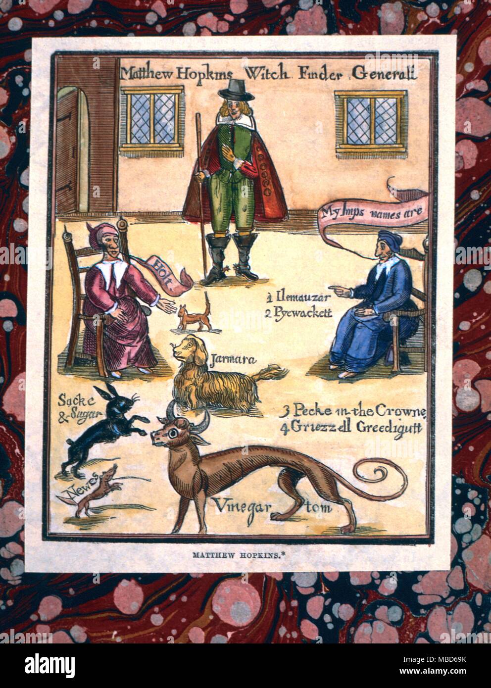 Animals - rabbit and dog familiars - frontispiece to Matthew Hopkin's Discovery of Witches, 1647. Hopkins was the self-styled Witchfinder General, depicted here with two of his witch victims, and surrounded by their imps or familiars. - © / Charles Walker Frontispiece to Hopkins' 'Discovery of Wiches (sic)', 1647. Hopkins was the self-styled 'Witchfinder General' - he is depicted here with two of his victims, and their named imps or familiars Stock Photo