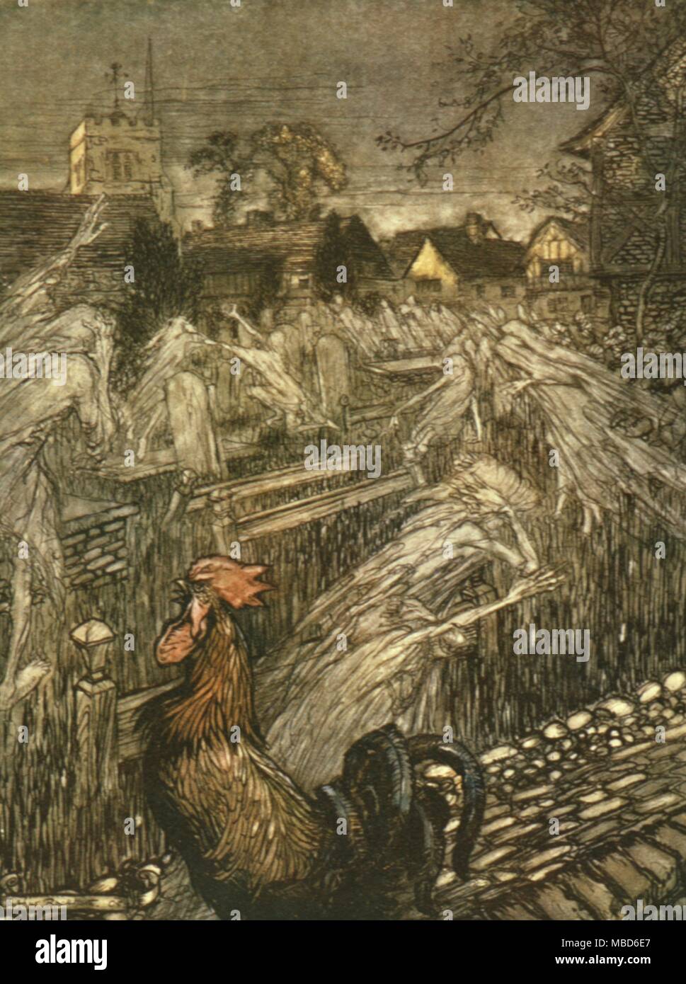 Ghosts, wandering here and there, troop home to churchyards. Illustration by Arthur Rackham for the 1908 edition of A Midsummer Night 's Dream, by Shakespeare . Stock Photo