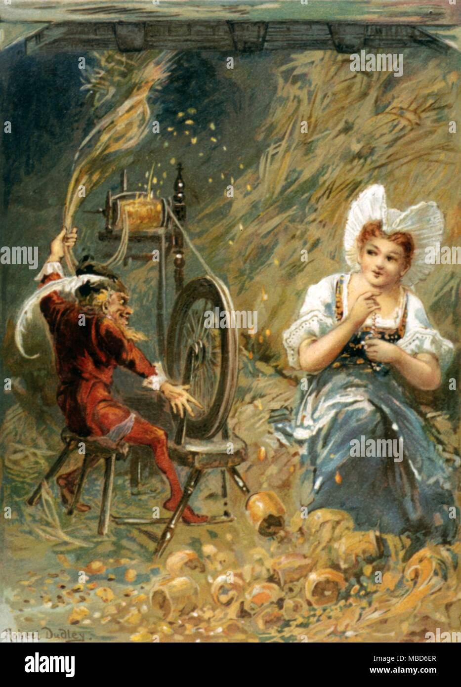 Fairy Tales - Rumpelstilzkin Rumpelstiltzkin spinning, Lithographic illustration from Marriott Watson (et. al.), Once Upon a Time, 1890 Stock Photo