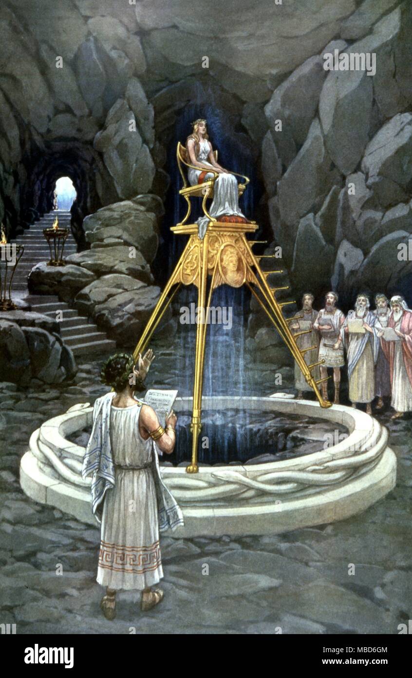 Initiation - Oracle At Delphi ' Consulting the Oracle at Delphi ' - painting by Knapp : Copyright 1923, by Manly P Hall, from his An Encyclopedic Outline of Masonic, Hermetic.. Philosophy, 1923 Stock Photo