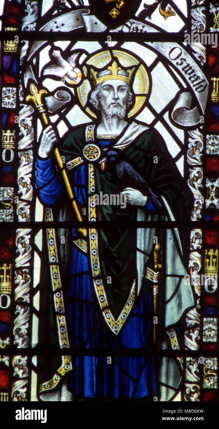 SAINTS - ST OSWALD - Saint Aidan - detail of stained glass in Kirkby Malham church in Yorkshire. Stock Photo