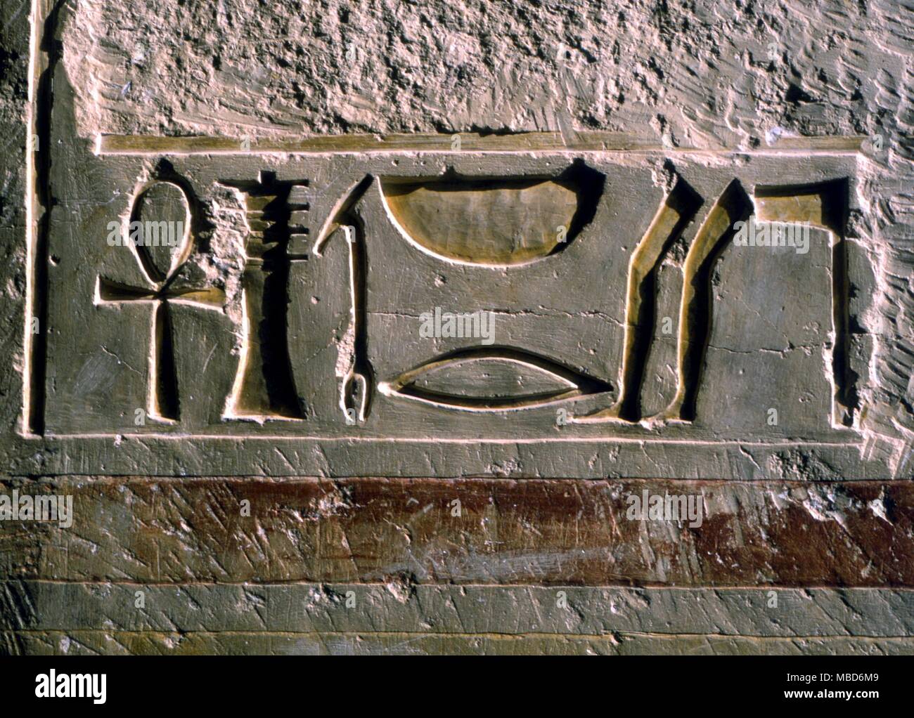 EGYPTIAN MYTHOLOGY - Hieroglyphics from the funerary temple of Queen Hapshepsut, near Luxor Stock Photo