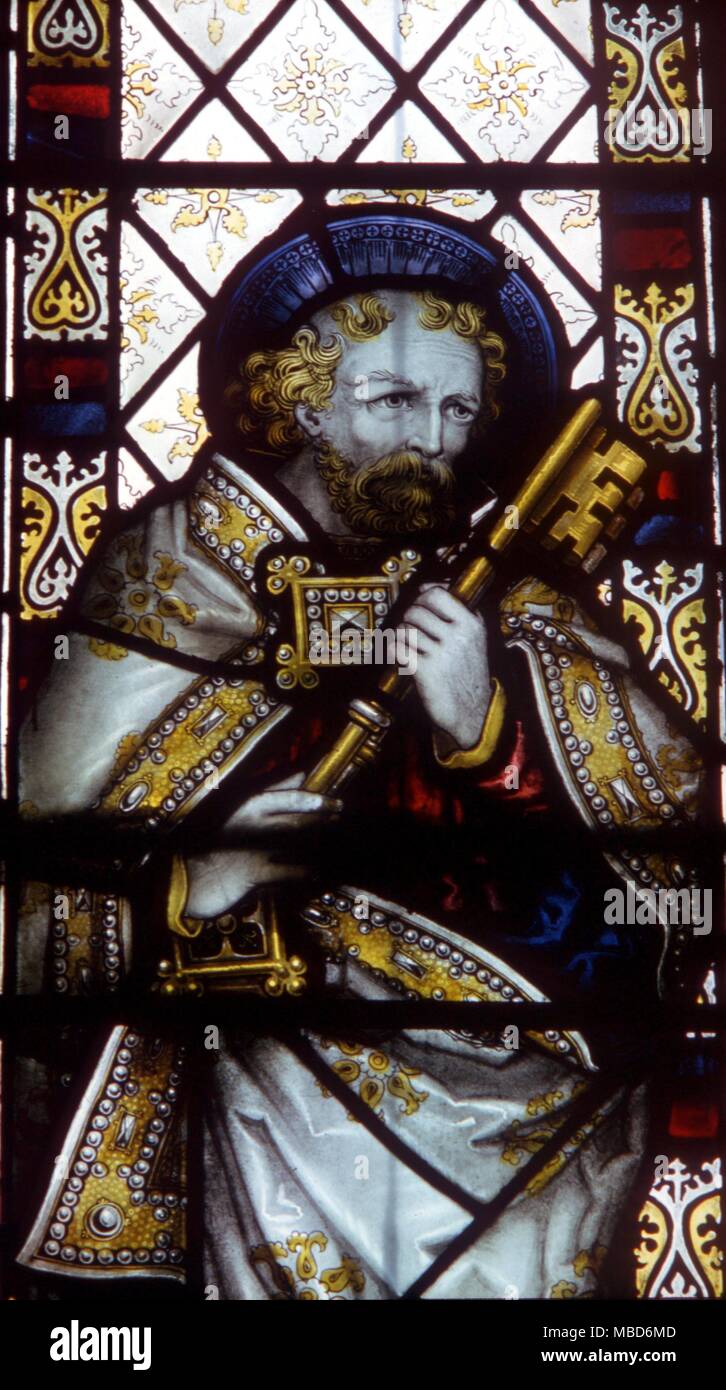 SAINTS - ST PETER - Christian with his heraldic device of the crossed keys, symbol of St Peter - stained glass, Austerfield parish church - 19th century Stock Photo