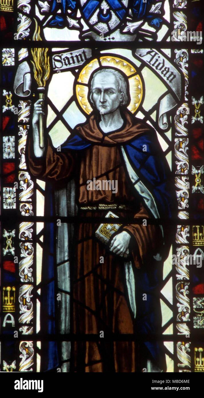 SAINTS - ST AIDAN - Detail of stained glass in Kirkby Malham church in Yorkshire Stock Photo