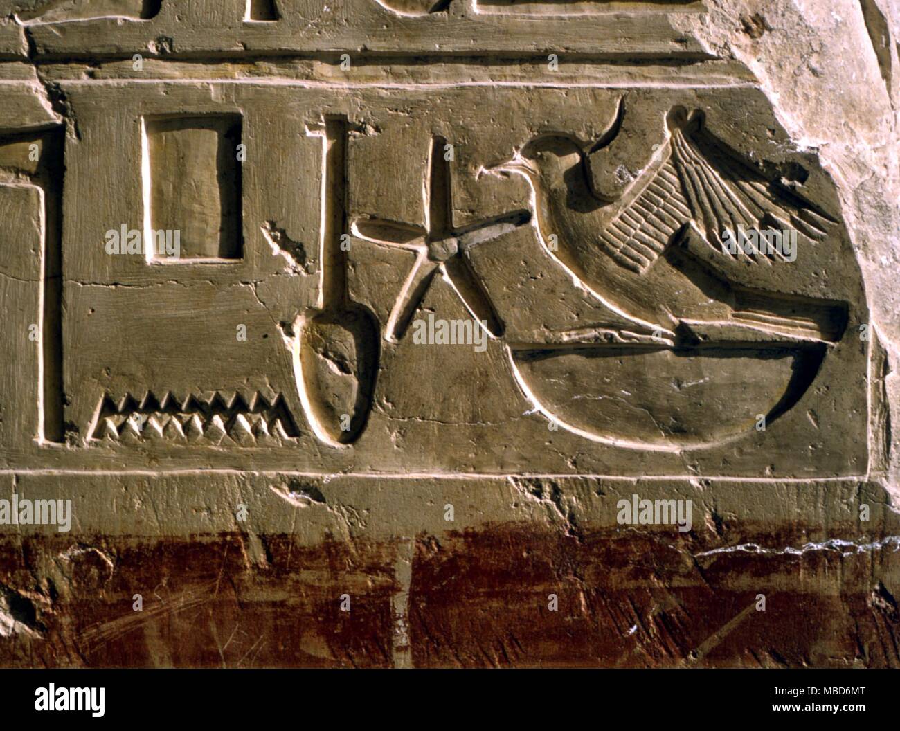 EGYPTIAN MYTHOLOGY - Alphabets - Egyptian hieroglyphics from the ancient Temple of Amun at Karnak (the ancient Thebes) Luxor in Egypt. Among the symbols is the sba star. Stock Photo