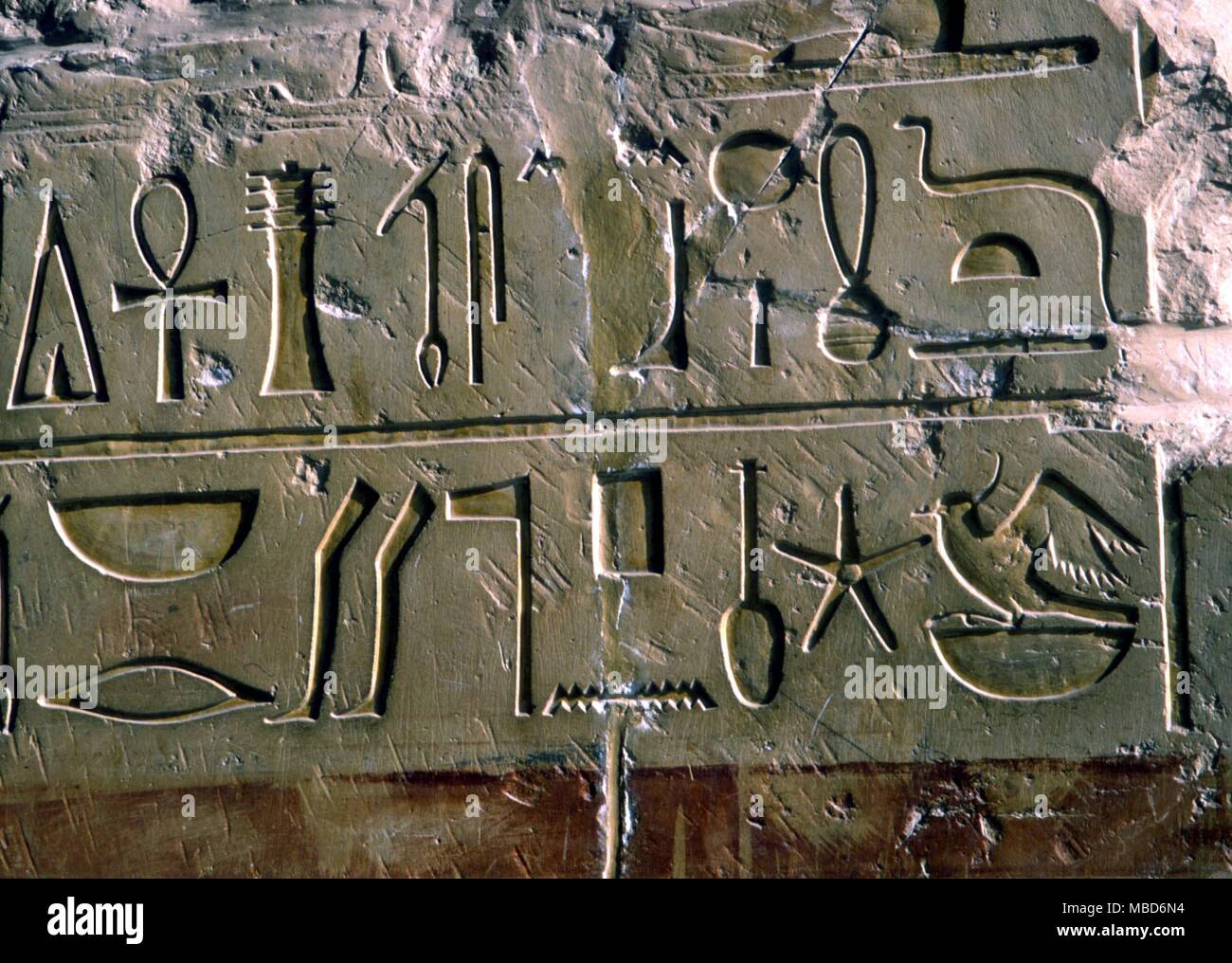 EGYPTIAN MYTHOLOGY - Alphabets - hieroglyphics - details of the sacred writing on the wall of the funerary temple of Hapshepsut, Thebes near Luxor Stock Photo