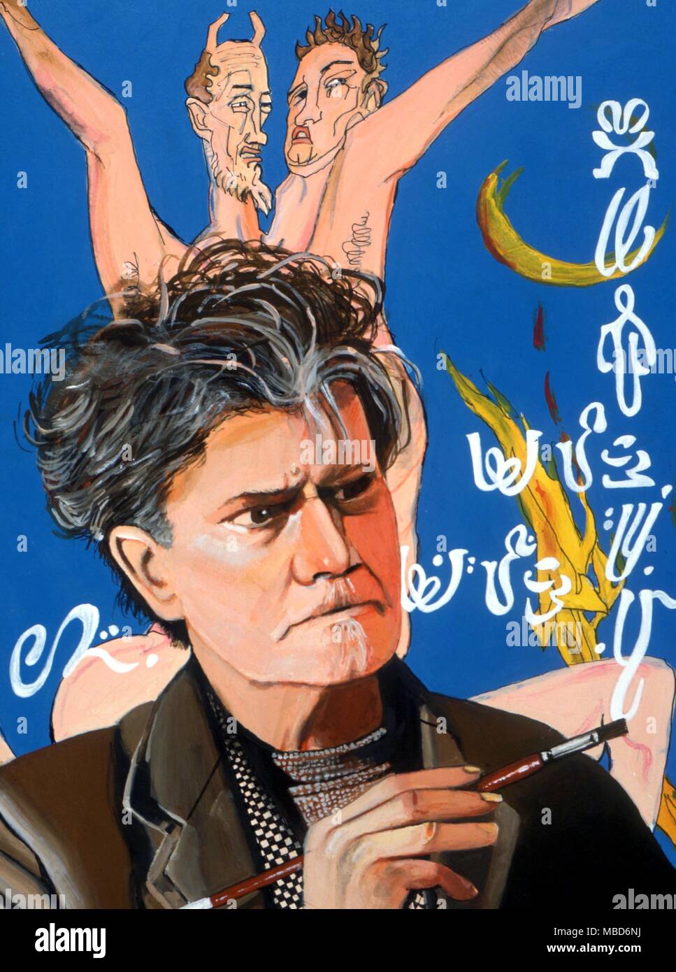 MAGICAL ALPHABETS - Alphabet of desire - Austin Osman Spare (1886-1956), artist, occultist and magician. Developed his own theory of magical sigillization (Alphabet of Desire), examples of which are to the right of this portrait, by Gordon Wain. Stock Photo