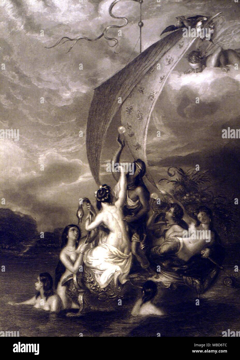 Sky Fairy - Youth and Pleasure - engraved by Sharpe after a painting by Etty. The 1850 edition of the Art Journal Stock Photo