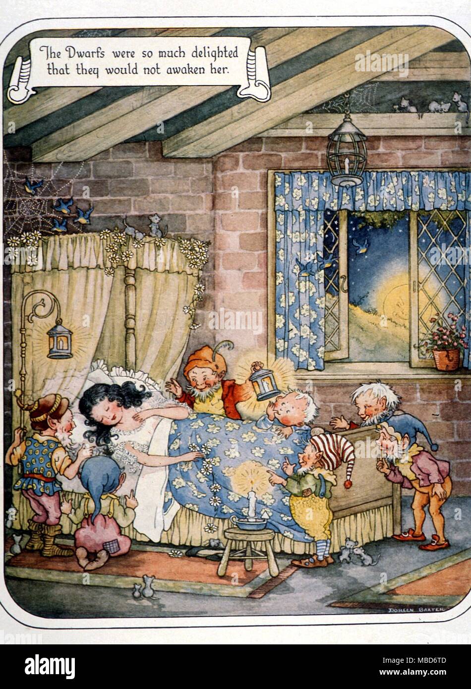 Snow White - The Seven Dwarves are delighted to find Snowwhite sleeping. Illustration by Doreen Baxter. From The Fairy-Tale Omnibus c.1949 Stock Photo