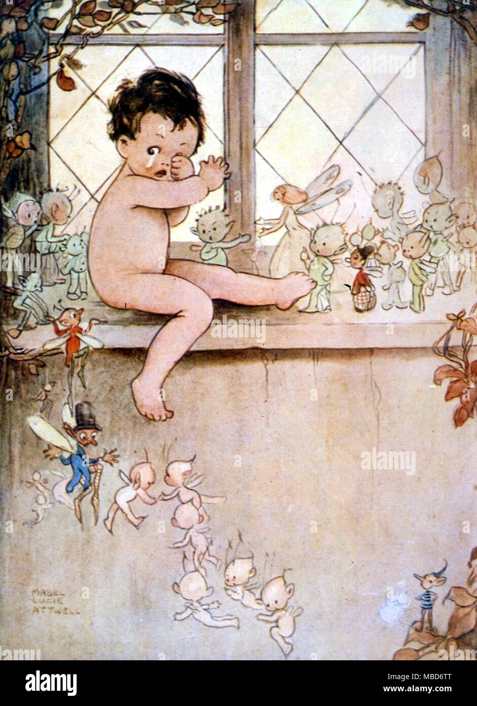 Peter Pan - But the window was barred - illustration by Mabel Lucie Attwell for Barrie's Peter Pan and Wendy, 1938 Stock Photo