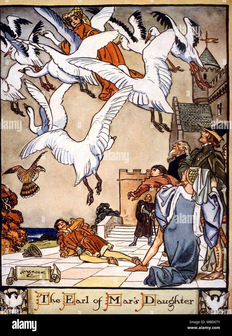 British mythology - The Earl of Mar's Daughter flies away on the back of the dove which is a dove 'the live-lang day... A sprightly youth at night'. From H. M. Brock's illustrations to A Book of Old Ballads, 1934 Stock Photo