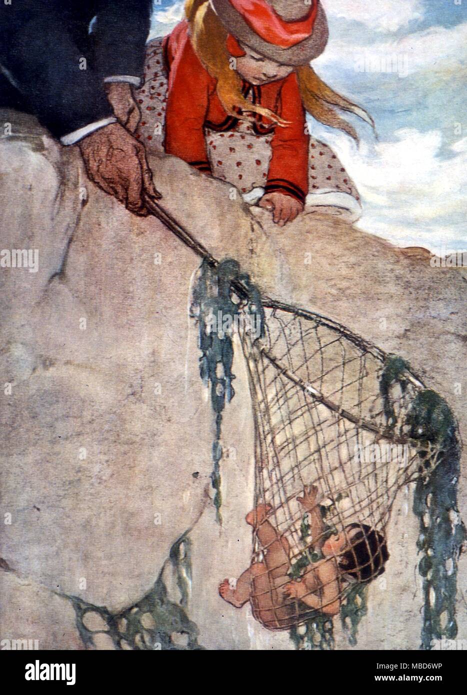 Water Babies - illustration by J. W. Smith for Charles Kingsley's The Water Babies - nd but circa 1920. He felt the net very heavy; and lifted it out quickly, with Tom all entangeld in the meshes. Stock Photo