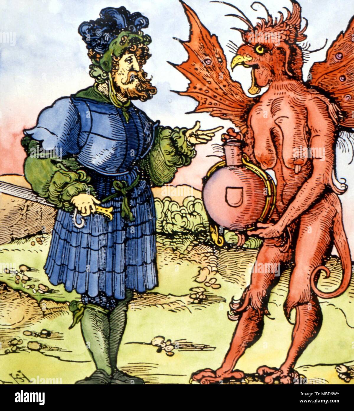 Bird-headed demon confronting a German knight - Fifteenth century German woodcut by HS Stock Photo