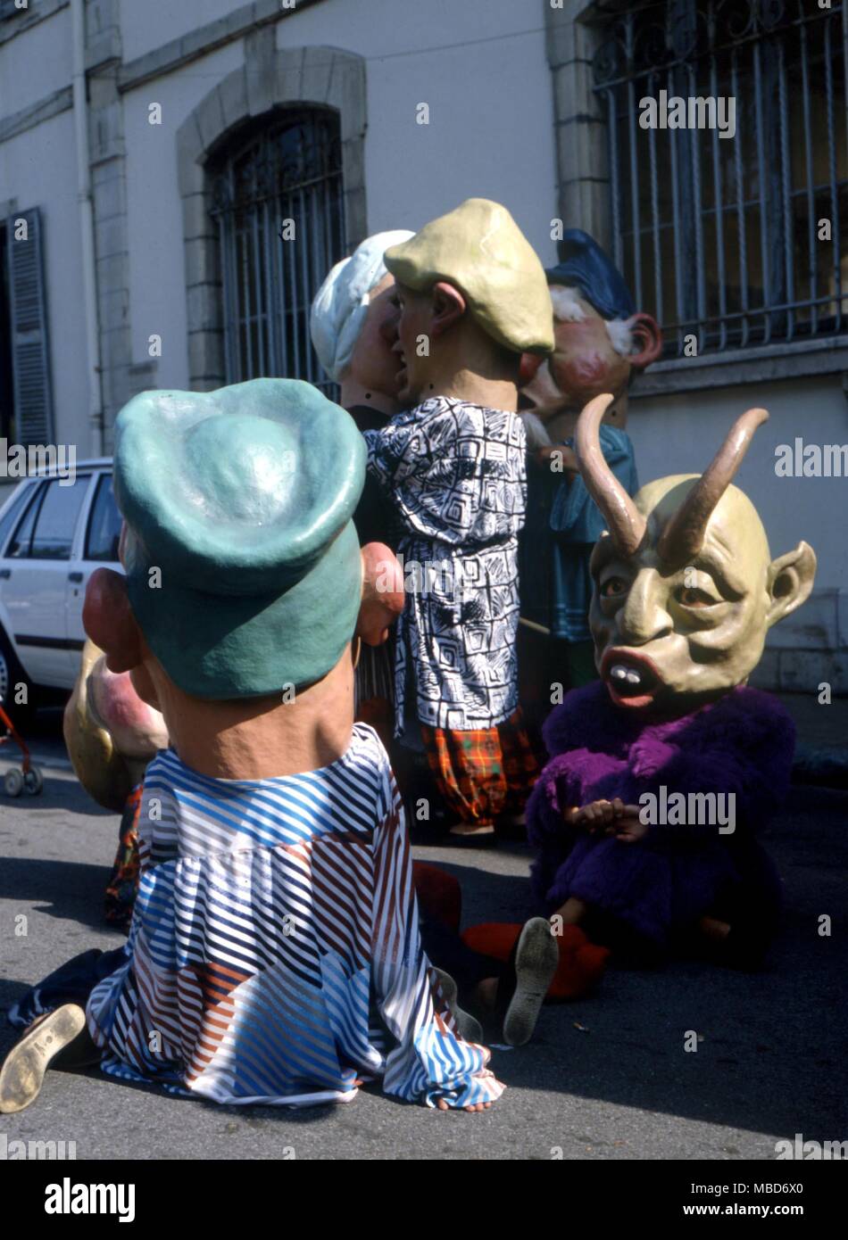 Demon-heads among the costumes worn during the Basque Festival at Bayonne Stock Photo