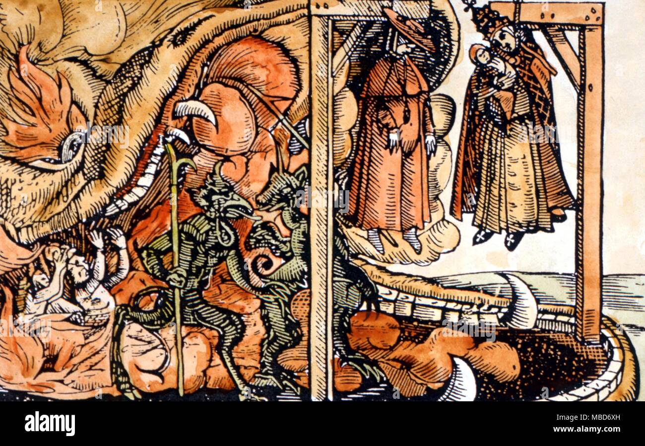 Pope Joan - The mythical Pope Joan, with her child, hanged, the scaffold already in the Jaws of hell. From the nineteenth century copy of a mediaeval woodcut, published by Baring-Gould Stock Photo
