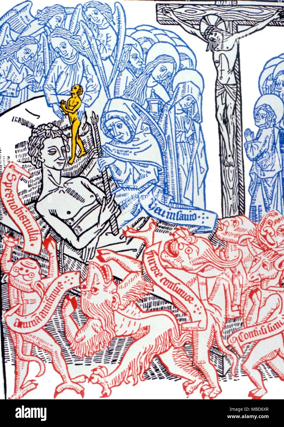 Demons at deathbed - Hords of demons at a deathbed, waiting to struggle for the soul of the newly deceased. From a German blackbook, Ara Morendi Bene - circa 1460 Stock Photo
