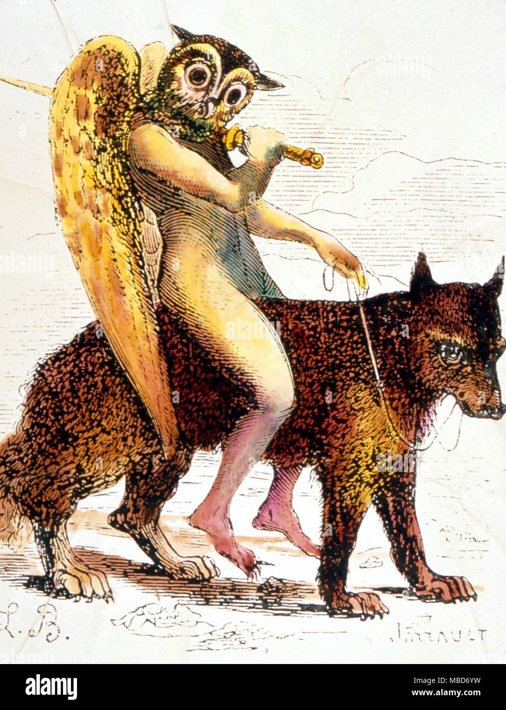Andras riding his wolf and carrying his sword. He is one of the 72 spirits of Solomon. After a print from Collin de Plancy's Dictionnaire Infernal - 1863 edition Stock Photo