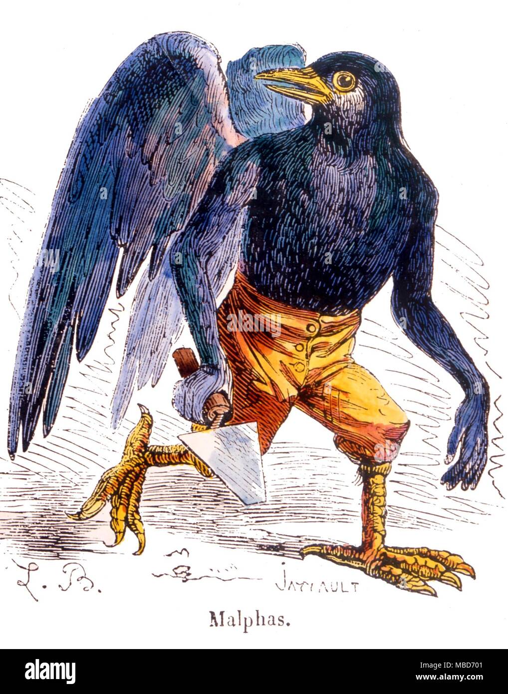 One of the demons (who now appears in the form of a huge bird) who is reputed to have helped King Solomon build his temple. After the 1863 edition of Collin de Plancy Stock Photo