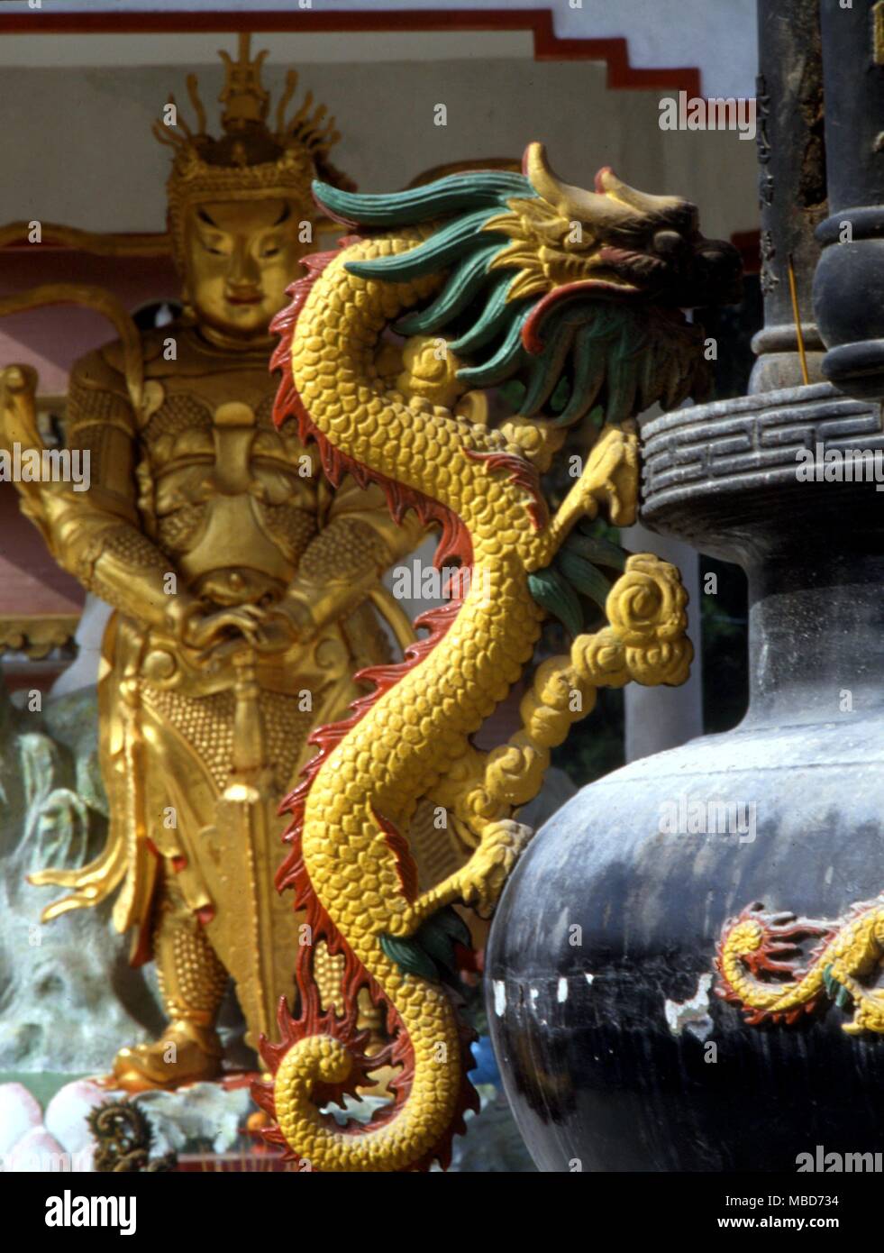 Handle of incense bowl in the form of a dragon. In the Courtyard of the Temple of a Thousand Buddhas, near Hong Kong Stock Photo