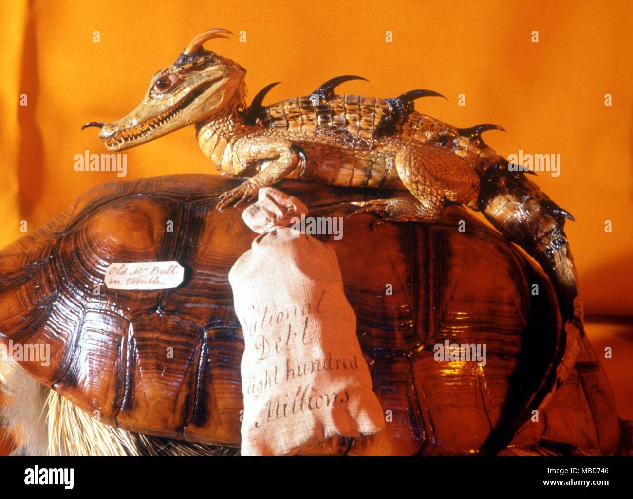 Dragon, as a composite of other creatures, mainly lizards. Detail from a taxidermy creation by Charles Waterton (1782-1865) - a political satire on the National Debt, at 800 million pounds. Wakefield City Museum Stock Photo