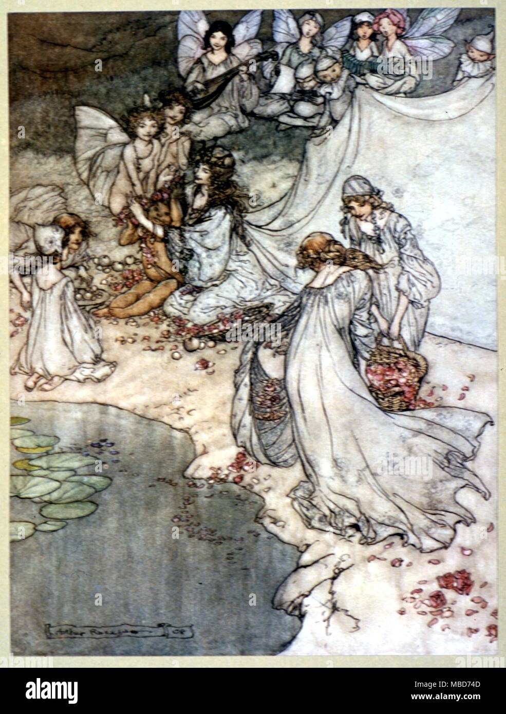 Fairy Tales - Midsummer Night's Dream - She never had so sweet a changeling. Illustration by Arthur Rackham for the 1908 edition of A Midsummer Night's Dream, by Shakespeare Stock Photo