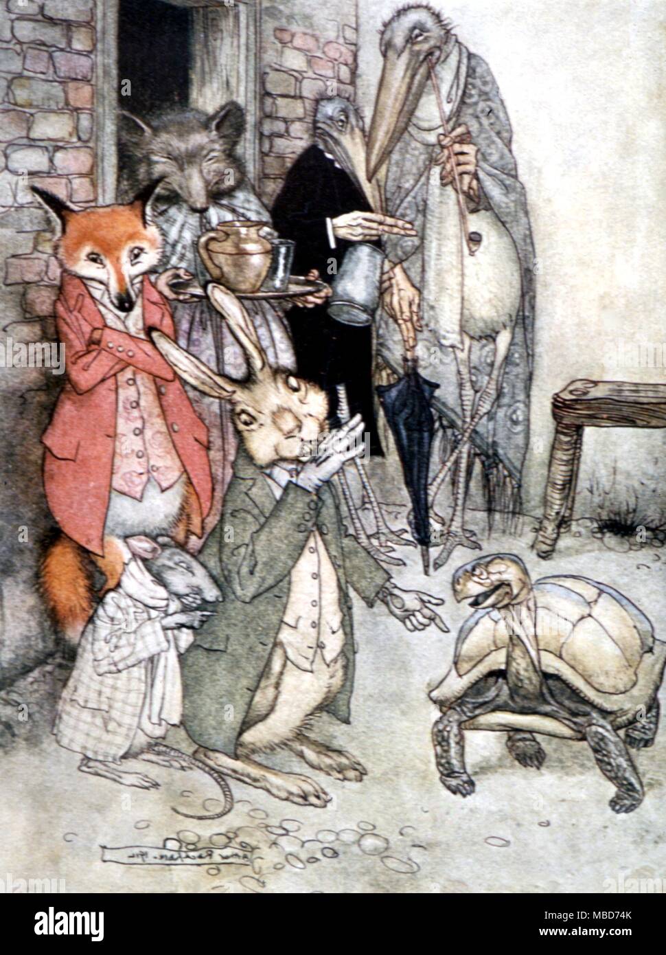 Fairy Tales - Hare and Tortoise - Illustration by Arthur Rackham of the story of the Hare and the Tortoise, from Aesop's Fables, 1908 Stock Photo