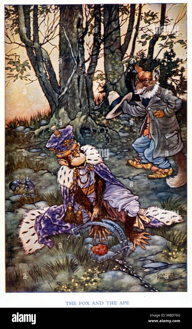 Fairy stories - The Fox and the Ape - illustration by Charles Folkard to Aesop's Fables 1912 Stock Photo